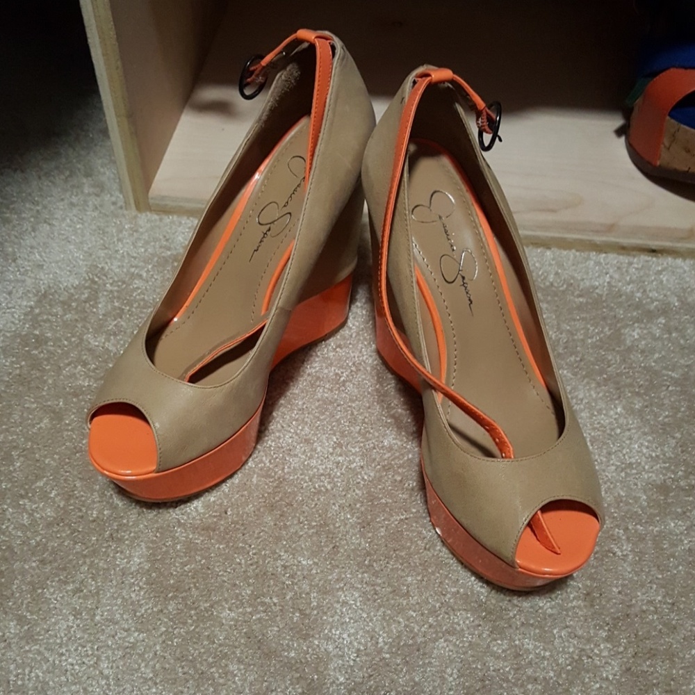 Jessica Simpson leather tan and orange wedge